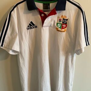 adidas White Polo Shirt with Navy Collar and Red Placket